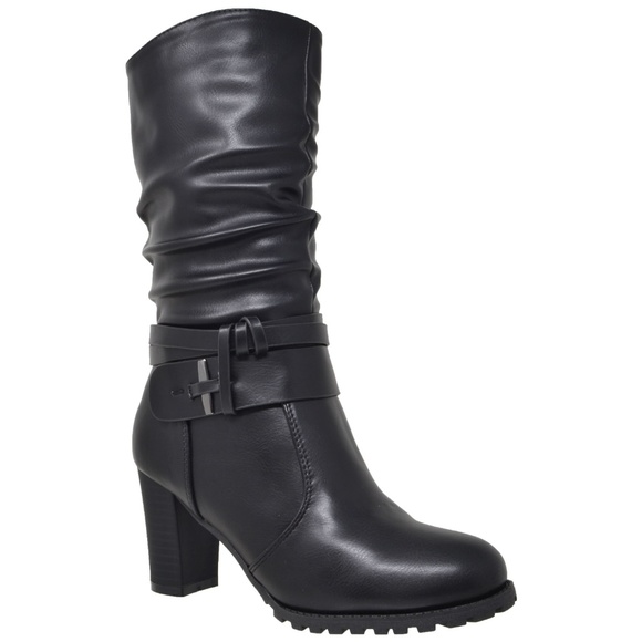 black mid calf block heel boots